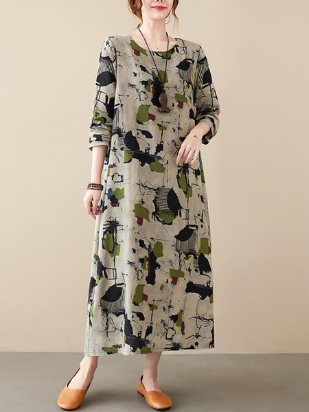 

dresses long sleeve cotton linen vintage print dresses for women 2023 spring autumn loose casual midi dress robe femme elegant clothing, Black;gray