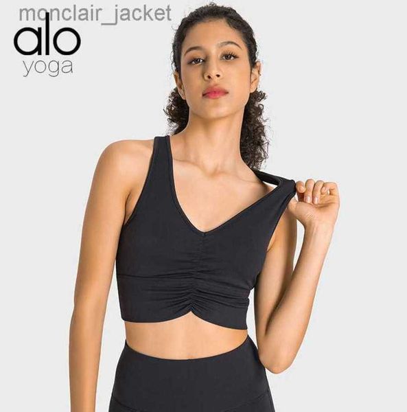 

desginer yoga yoga's lycra v-neck pleated sports bra nude high strength shockproof bra for women 23ssa, White