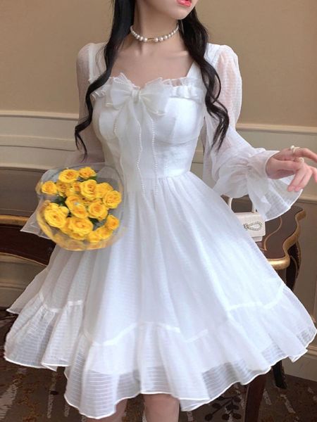 

dresses houzhou white kawaii dress women chiffon lolita style long sleeve mini dresses bow fairy robe ruffles patchwork square collar, Black;gray