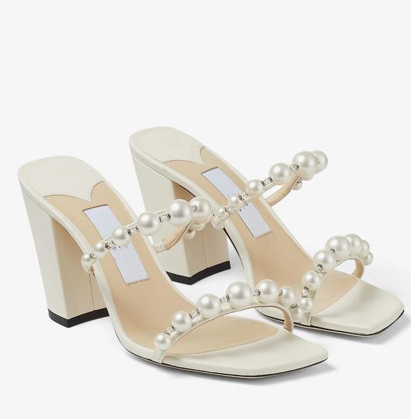 

summer 2023 brand amara women sandals shoes pearl & crystal embellishment strappy block heels slip on mules ladies casual party dress flip f, Black