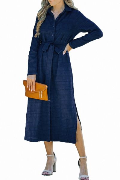 

blue crinkle textured long sleeve shirt dress with belt s0np#, Black;pink