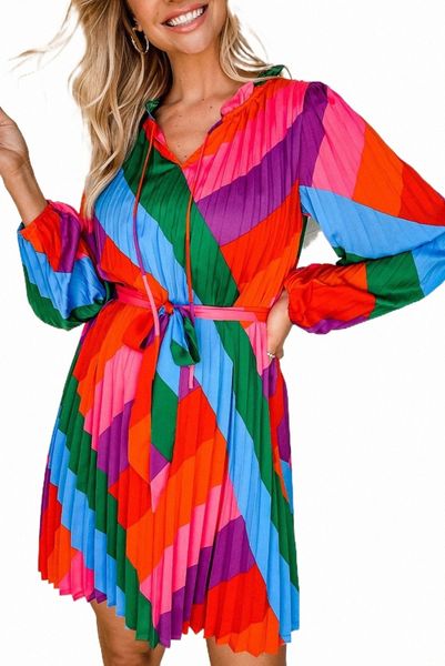 

multicolor color block pleated lace-up high waist mini dress r70j#, Black;pink