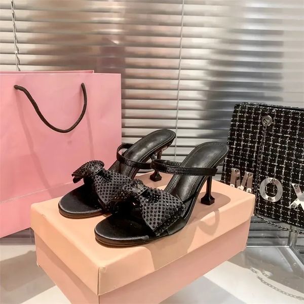 

High Heel Slippers Designer Women's Simple Fashion Bow Knot Full Diamond Fashion Versatile, Black