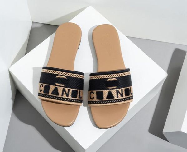

womens slipper paris beach slides flat heel summer designer fashion flops lady embroidery sandals women shoes l bath ladies channel sandals, Black
