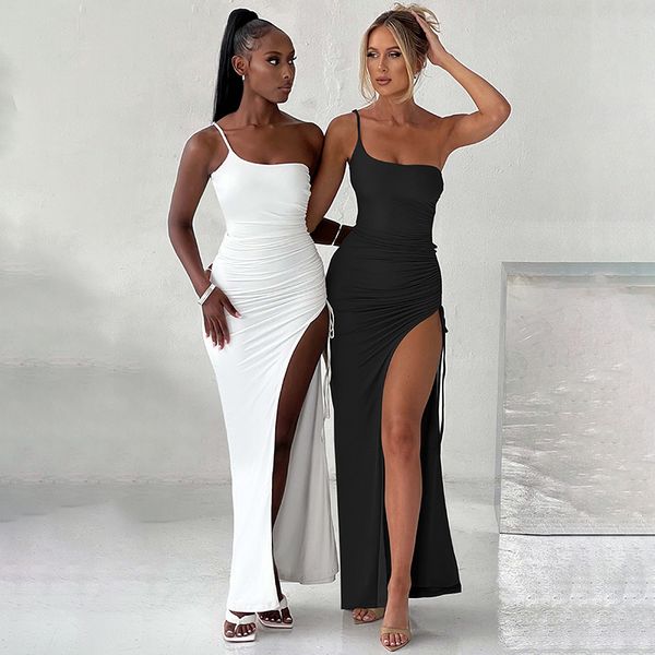 

one shoulder strap thigh high split maxi dress for women robe sleeveless backless bodycon club party long dress, Black;gray