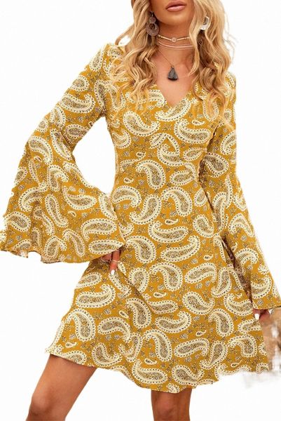 

yellow bohemian paisley print bell sleeve flare floral dress r4sh#, Black;pink