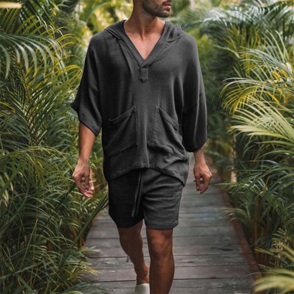 

men's tracksuits 2pcsset men summer cotton linen shirt set loose casual shorts suit short sleeve pajamas comfy breathable beach shorts, Gray