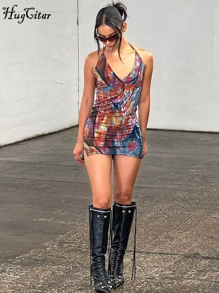 

rukas tie dye halter backless lace up slit vintage bodycon mini dress summer women fashion outfit vacation party club, White;black
