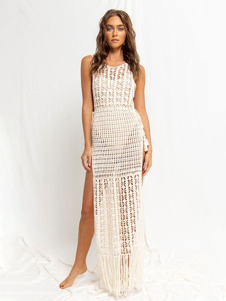 

coverups white crochet tunic bikini coverups hollow out fringed mesh dress women summer beach wear swim suit cover up a1289 230515