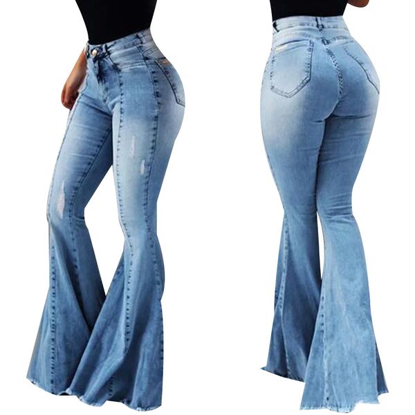 

women s jeans celana wanita slim fit denim cutging pinggang tinggi bawah lonceng flare elastis sobek kaki lebar mode 230516, Blue