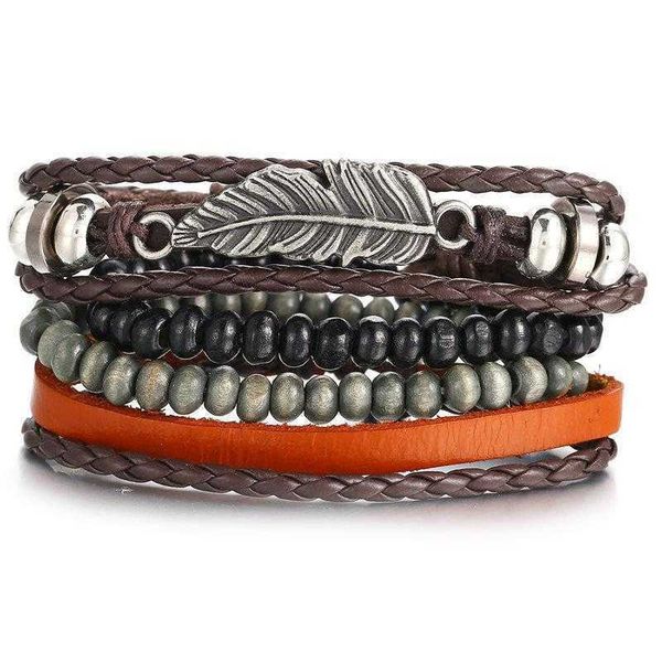 

black male leather bracelet creative simple feather string wooden bead set four piece, Golden;silver