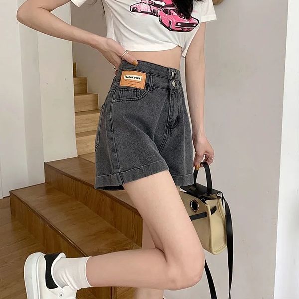 

women's shorts eoenkky 2023 celana pendek denim wanita abu abu gelap baru musim panas berpinggang tinggi ruffle harem jeans elastis 230, White;black