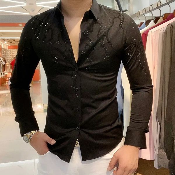 

men's casual shirts black spring and autumn men's long-sleeved shirt korean version diamond lapel button shirt men's clothing, White;black