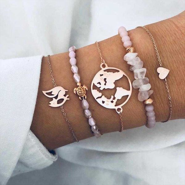 

personalized hand jewelry turtle charm map irregular pink crystal love five piece bracelet, Golden;silver