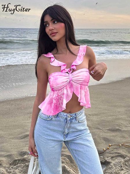 

rukas ruffles tie dye slips draped hollow out kawaii crop camis 2023 summer women fashion beach vacation y2k outfit, White