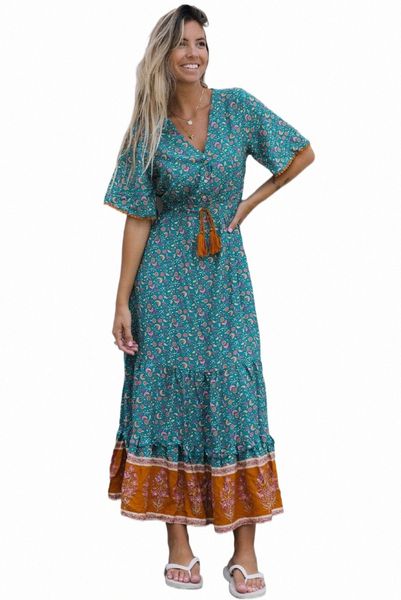

sky blue wrap v neck lace-up high waist floral dress n6uy#, Black;pink