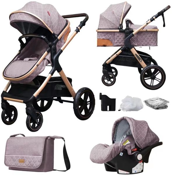 

luxury baby stroller 3 in 1 high landscape pram foldable pushchair & car seat mainstream color black gray 0 to 3 years old