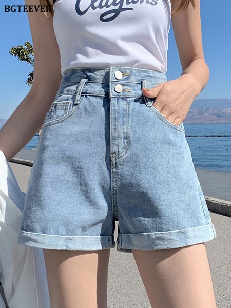 

women's shorts bgteever summer high waist pockets ladies wide leg jeans shorts casual loose double button women denim shorts 230516, White;black