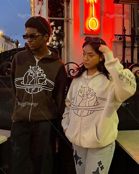 

womens hoodies sweatshirts oversized zip hooded planet print graphic hoodie harajuku women streetwear couple plus size hoodies 230515, Black