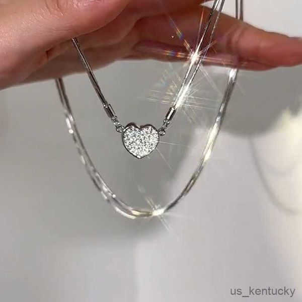 

pendant necklaces fashion light luxury micro-inlaid heart-shed nelace classic personality detachable and combinable versatile clavicle chain, Silver