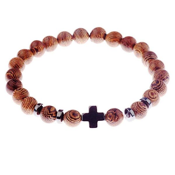 

retro wood strands grain steel cross beaded bracelet mens wooden bead graceful personality, Black