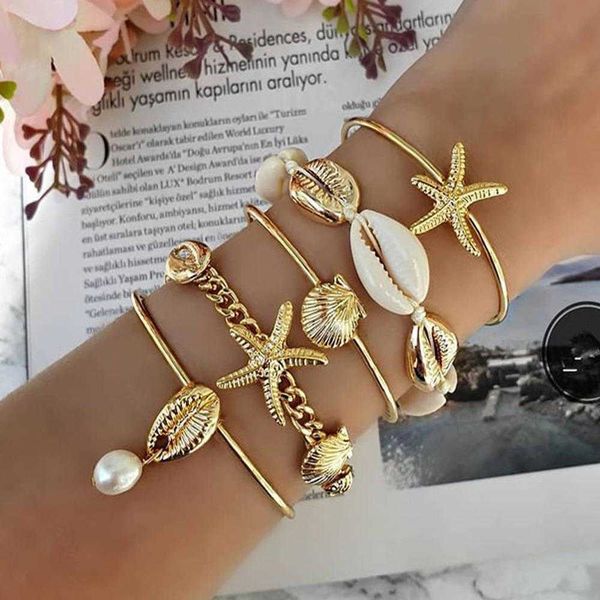 

fashion starfish bracelet bohemian shell woven pearl pendant 5 piece set, Golden;silver