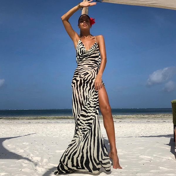 

spaghetti strap zebra stripes maxi dress for women gown summer sleeveless backless thigh high split beach long dress, Black;gray