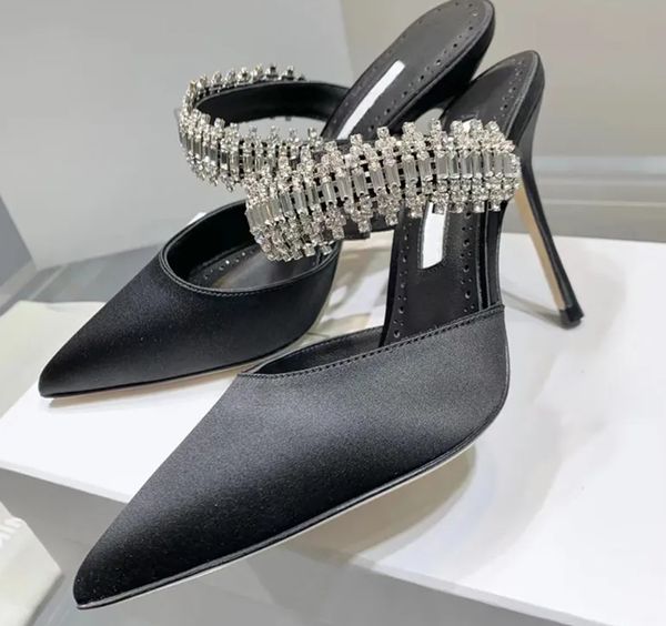 

designer shoes fashiong whit satin high-heeled slippers luxury rhinestone 9cm women banquet wedding dress factory shoes 35-42 with box deliv, Black