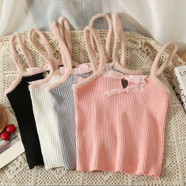 

women's tanks camis heliar women bow knitted female plain straps tank streetwear camisole cute crop for women 2023 summer aa230515, White