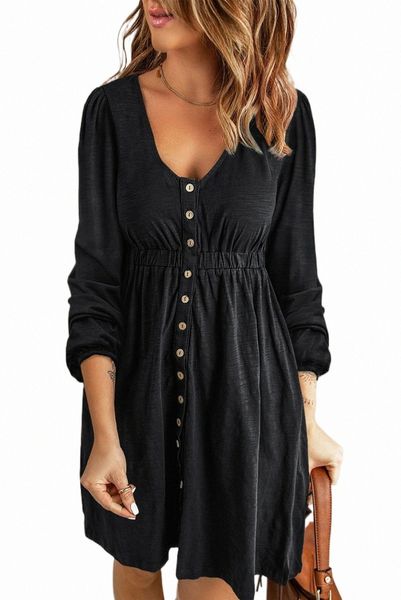 

black button up high waist long sleeve dress 74qd#, Black;pink