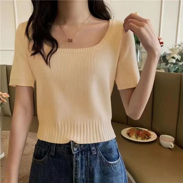 

women's t-shirt y2k solid basic short sleeve womens tshirt casual knitted fashion slim crop t shirt ladies fashion korean tee shirt 230, White