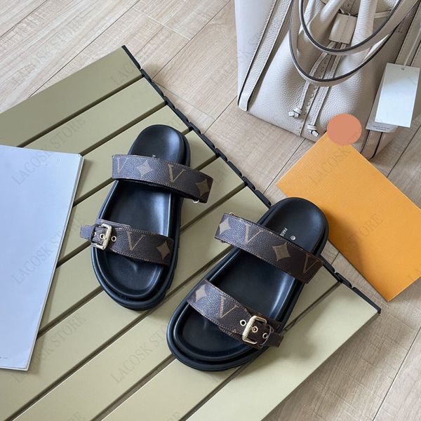 

woman designer shoe slipper genuine leather beach letter buckle loafers adjustable upper width lover shoes with box 35-42, Black
