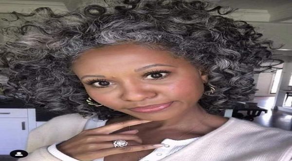 

wraps african american human hair ponytail silver grey pony tail extension hairpiece clip on gray afro deep curly bun updo chignon1557799, Black