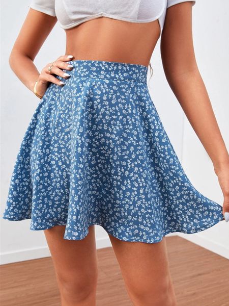 

skirts chiffon skirt with y2k short summer mini women floral print high waist umbrella ladies blue lnvisible zipper lining 230516, Black