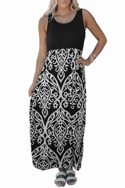 

black boho solid tank floral print maxi dress k63a#, Black;pink