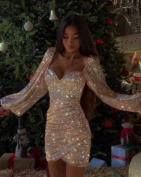 

cute glitter cocktail dress sweetheart long sleeves short prom dresses mini party homecoming special occasion dress, Black