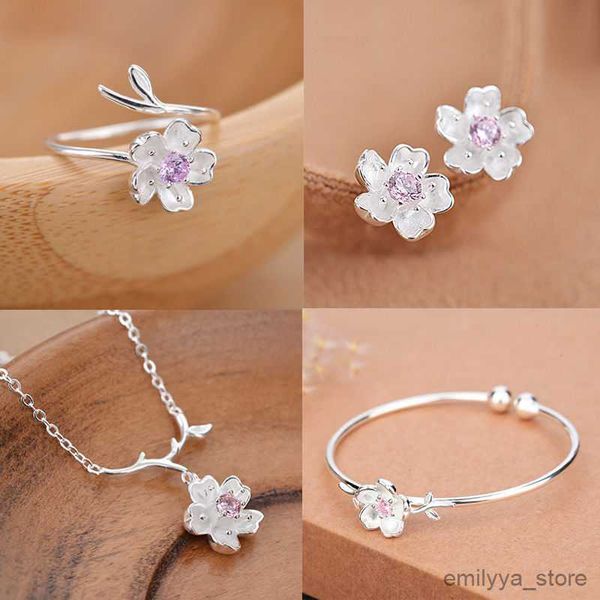 

pendant necklaces fashion wedding bridal jewelry sets silver color zirconia sakura flower choker necklaces earring for women gift set