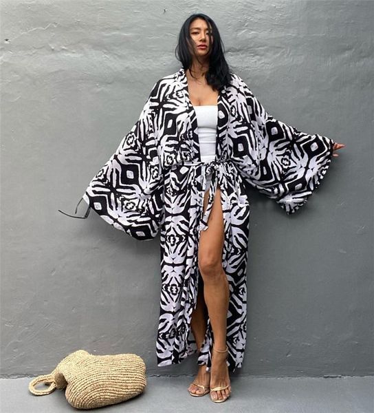 

swimwear teelynn 2022 cotton printed loose boho beach blouse shirt rayon kimono dress women bikini cover up casual cardigan tuninc robe, White;black
