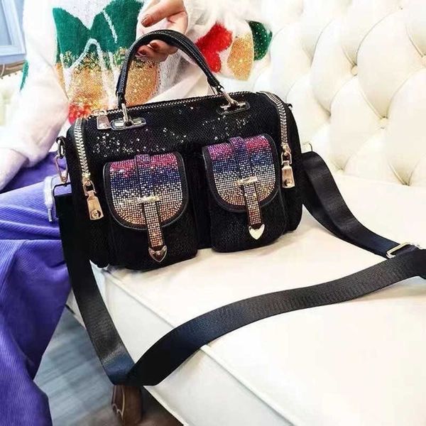 

shoulder bags women fashion mesh netting iridescent paillette rhinestone messenger bag lady casual shiny office pockets portable handbag 230