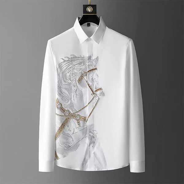 

men's casual shirts diamond men's long shirt korean version of the slim anti -wrinkle shirt black and white horse pattern men&#039, White;black