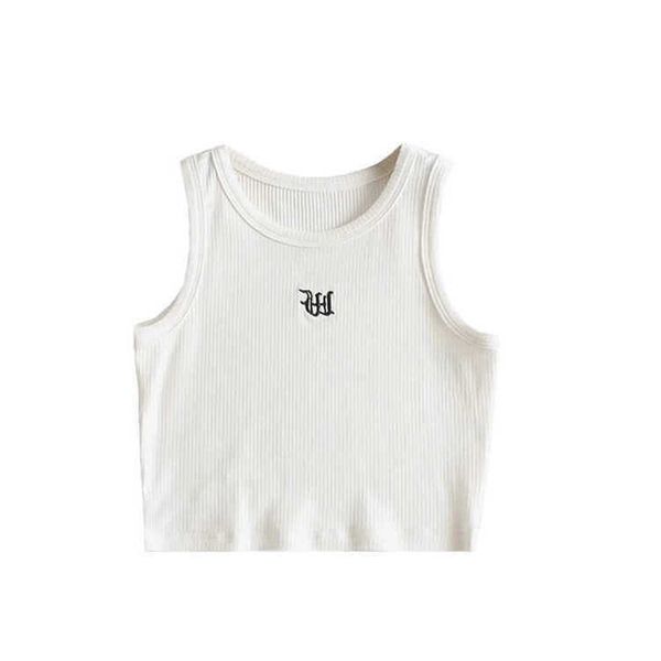 

summer slim fit high waist exposed umbilical sleeveless short bottom tank with round neck letter embroidery outer wear small top, White