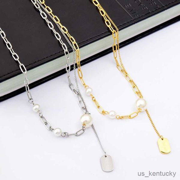 

pendant necklaces stainless steel pearl letter square tassel pendant charm geometry chain choker nelace for women fashion fine jewelry, Silver