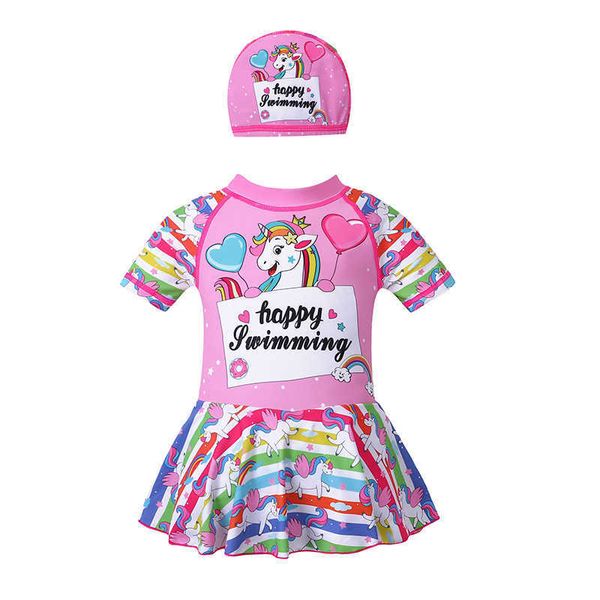 

2023 infant girls cute summer swimwear with cap 2pcs unicorn kid swimming children's beachwear for 3-12 years 12hi, Blue