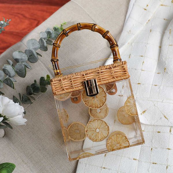 

new lemon handmade bamboo articulated acrylic handbag transparent and fresh ancient style lock buckle versatile box bag 230516