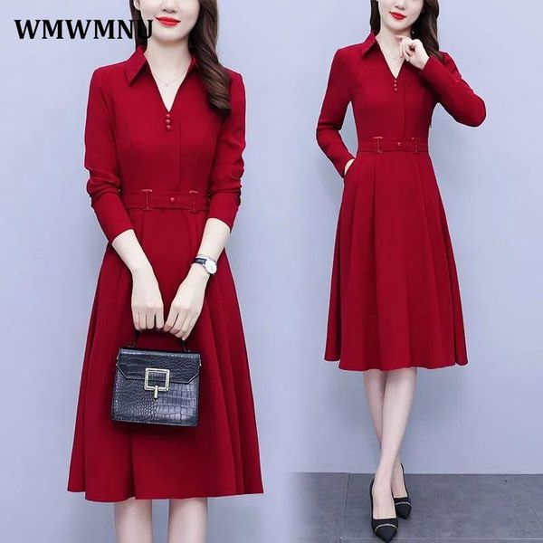 

dresses office lady elegant long sleeve shirt dress women korean style kneelength pleated aline dresses spring v neck casual vestidos, Black;gray