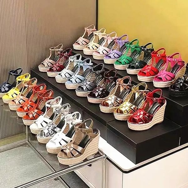 

summer high heeled womens sandals patent leather red thick bottom light rope woven cross belt fishermans shoes luxury designer wedge comfort, Black