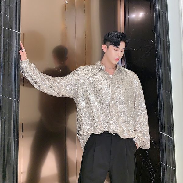 

men's casual shirts kemeja lengan panjang payet berkilau untuk pria kostum panggung penyanyi dj klub malam pakaian buatan tangan musim, White;black