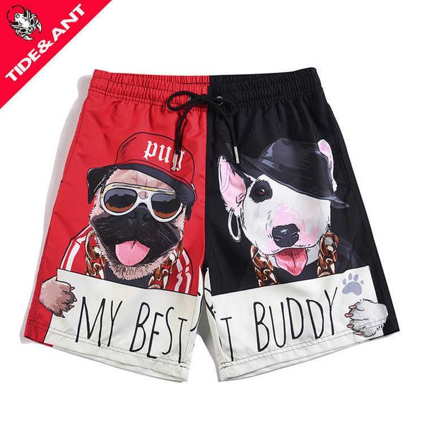 

men's clothing summer beach pants double dog print loose home leisure trend shorts seaside vacation capris, White;black