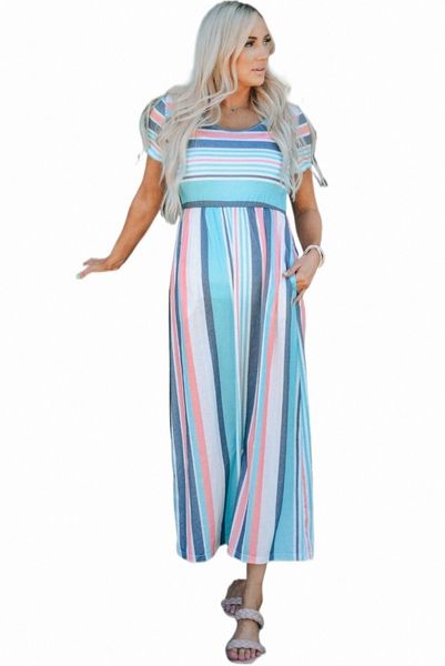 

striped print short sleeve high waist t shirt dress with pockets s3gm#, Black;pink