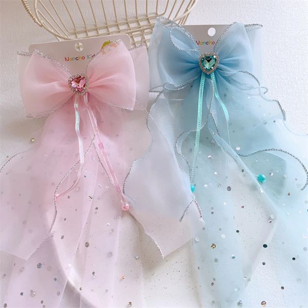 

new fashion children's mesh long ribbon bow hair clip headwear korean temperament sweet girl princess rhinestones love hairpins, Slivery;white